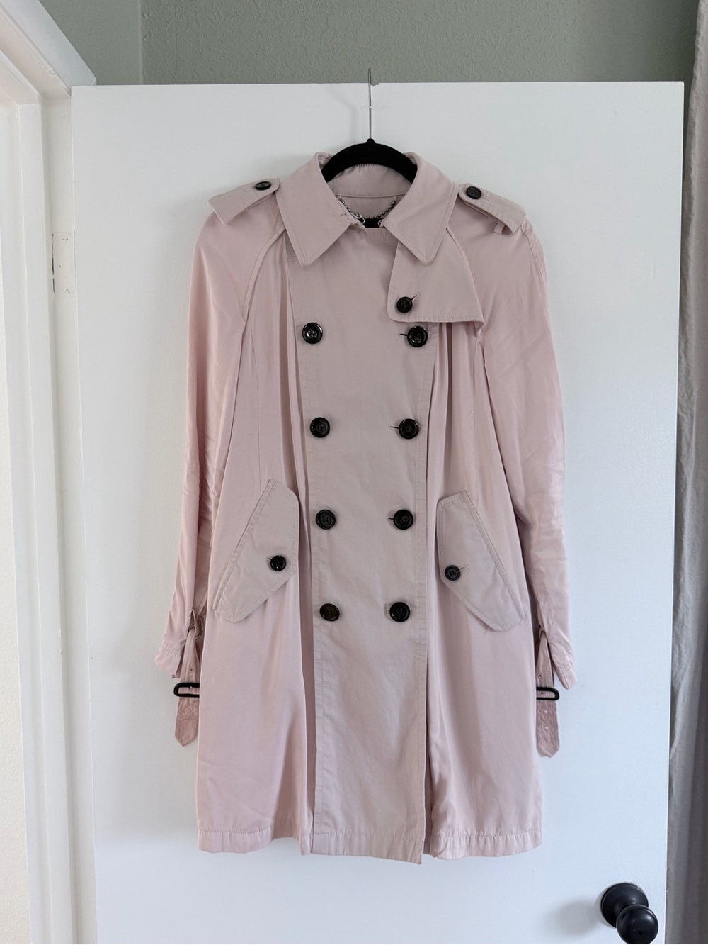 Coach New York Blush Pink Double Breasted Trench Coat Classic Black Buttons S